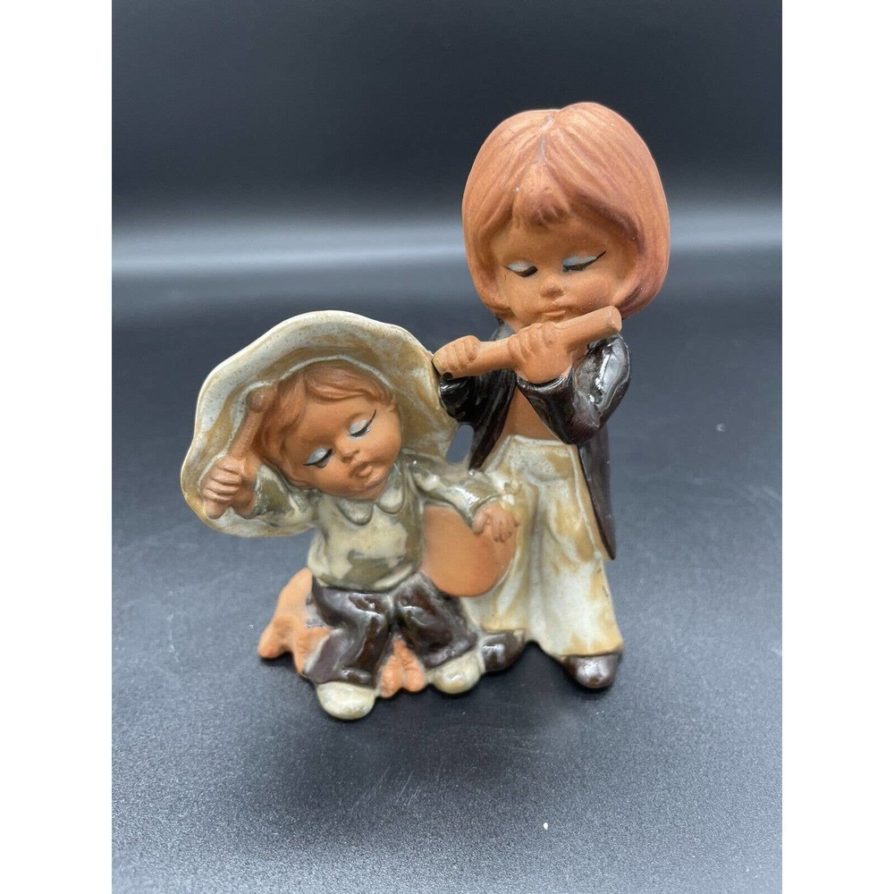 Japan Terracotta Redware Girl Playing Flute, Boy On Banjo Figurine UCTCI Vintage